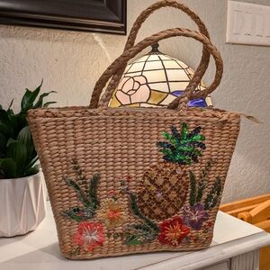Tropical Embroidered Straw Tote Bag
